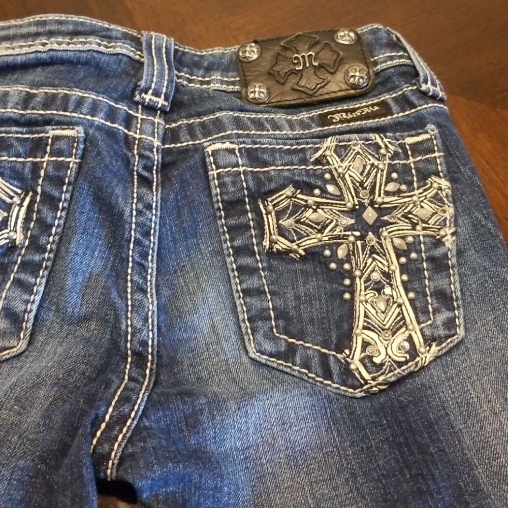 Miss Me Girls' Dark Blue Embroidered Cross Denim Jeans